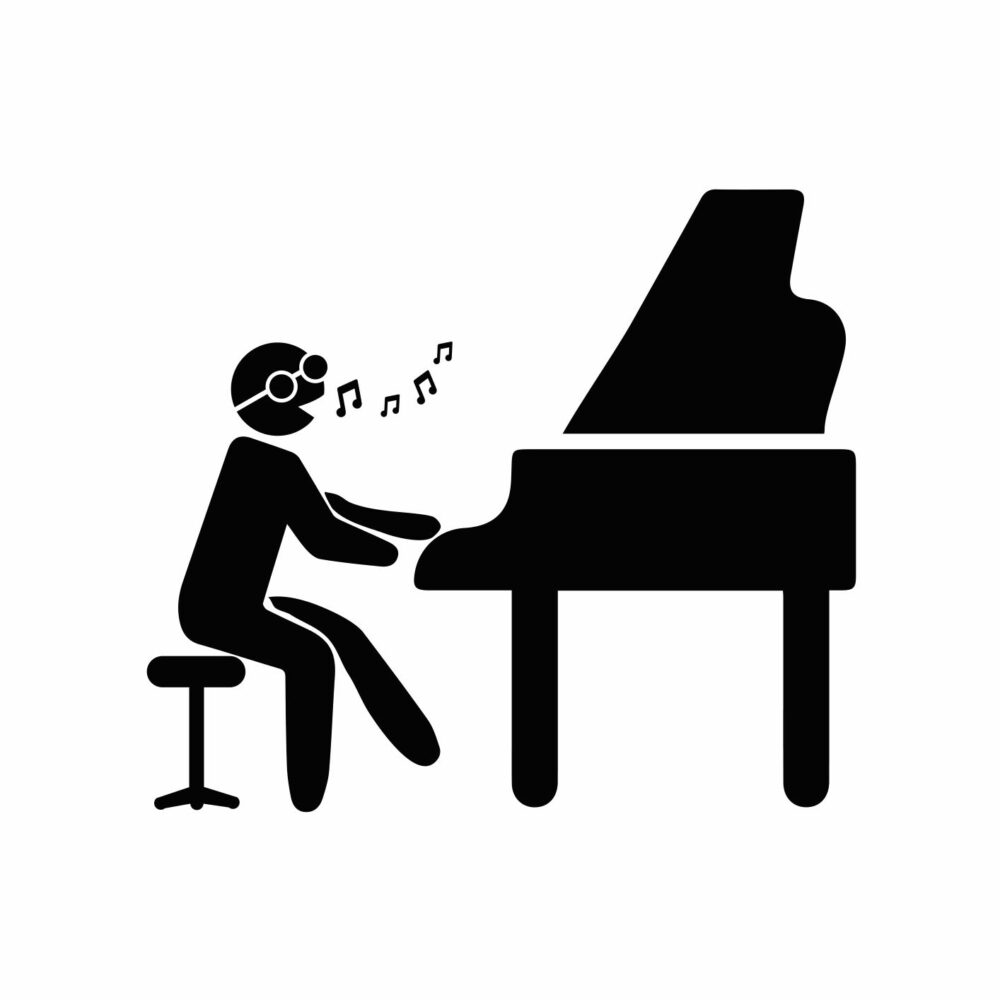 Vector image of figure playing a grand piano with musical notes floating out of his mouth